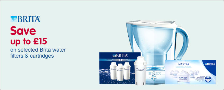 Save up to fifteen pounds on selected Brita water filters and cartridges